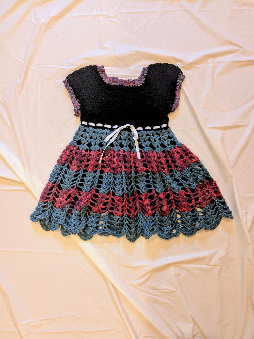 Handmade Black, Blue and Maroon Crochet Kids Dress